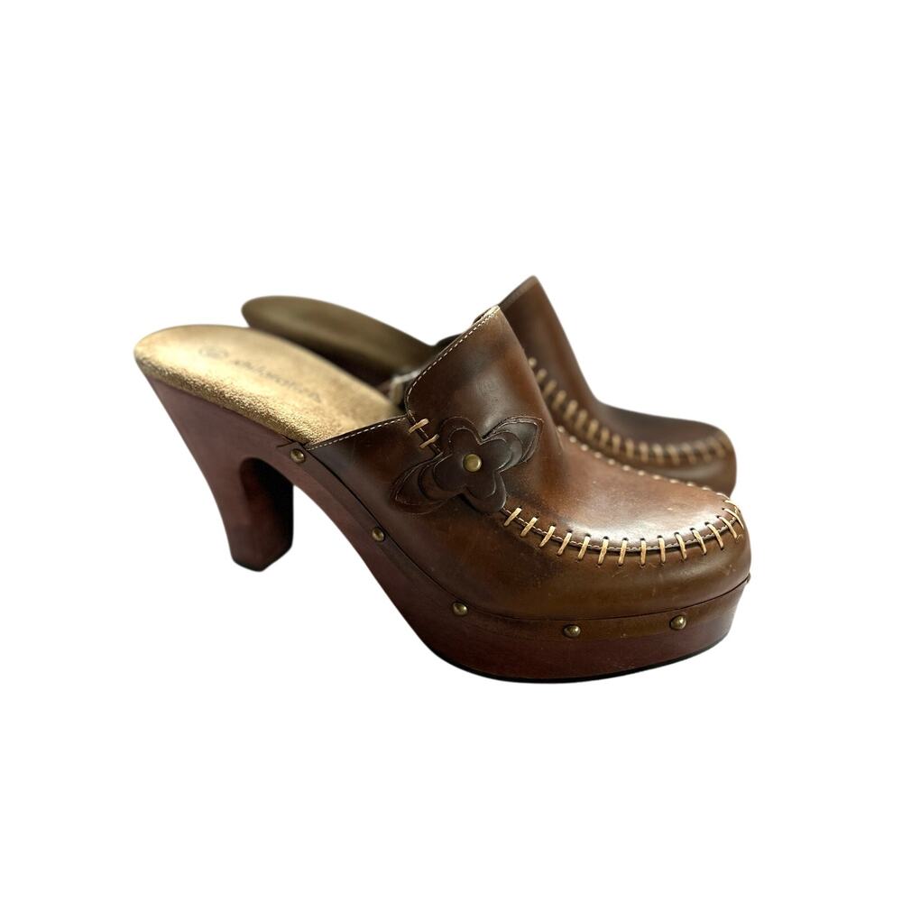 Vintage Xhilaration Y2K Brown Leather Floral Platform Clogs Heels Mules 8.5